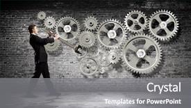  Presentation with mechanic gears - Beautiful presentation theme featuring young businessman fixing gears mechanism backdrop and a  colored foreground
