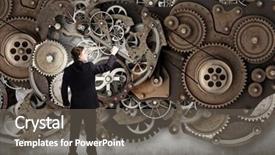  Presentation with mechanism - Slides with young businessman fixing gears mechanism background and a  colored foreground