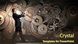  Presentation with mechanical gear mechanism team work - Presentation design having young businessman fixing gears mechanism background and a  colored foreground