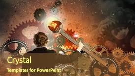  Presentation with mechanism - Slides with young businessman fixing gears mechanism background and a  colored foreground