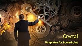  Presentation with mechanism - Presentation theme with young businessman fixing gears mechanism background and a tawny brown colored foreground