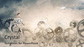  Presentation with mechanism - Slides with young businessman fixing gears mechanism background and a  colored foreground