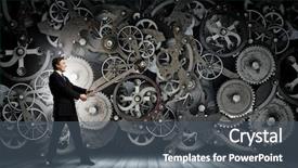  Presentation with mechanism - Slides having young businessman fixing gears mechanism background and a dark gray colored foreground