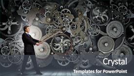  Presentation with mechanism - PPT theme featuring young businessman fixing gears mechanism background and a dark gray colored foreground
