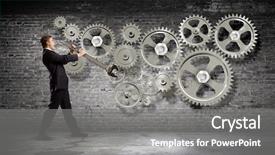  Presentation with mechanic gears - Theme with back view of two unrecognizable women walking outdoors by sea pier background and a sky blue colored foreground.