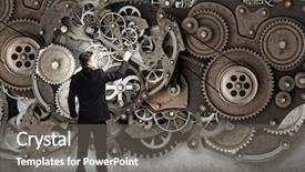  Presentation with mechanism - Slides featuring young businessman fixing gears mechanism background and a  colored foreground