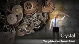  Presentation with gears - Presentation design featuring young businessman fixing gears mechanism background and a  colored foreground