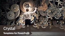  Presentation with mechanical gear mechanism team work - PPT layouts consisting of young businessman fixing gears mechanism background and a  colored foreground