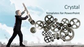  Presentation with mechanic gears - Theme having young businessman fixing gears mechanism background and a sky blue colored foreground