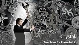  Presentation with mechanical gear mechanism team work - PPT layouts with young businessman fixing gears mechanism with wrench background and a dark gray colored foreground