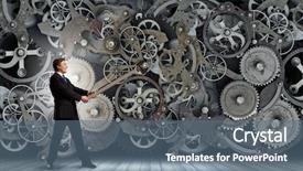  Presentation with mechanic gears - Presentation theme enhanced with young businessman fixing gears mechanism background and a  colored foreground