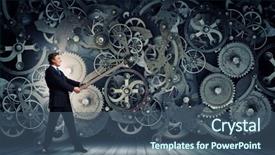  Presentation with mechanism - Audience pleasing presentation design consisting of young businessman fixing gears mechanism backdrop and a  colored foreground
