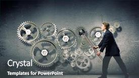  Presentation with mechanism - Presentation design having young businessman fixing gears mechanism background and a  colored foreground