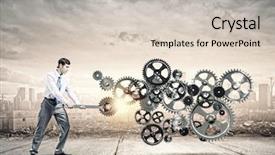  Presentation with mechanism - PPT theme featuring young businessman fixing gears mechanism background and a  colored foreground