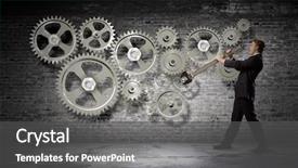  Presentation with mechanical gear mechanism team work - Colorful slide set enhanced with young businessman fixing gears mechanism backdrop and a  colored foreground