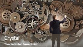  Presentation with mechanism - Beautiful presentation theme featuring young businessman fixing gears mechanism backdrop and a  colored foreground