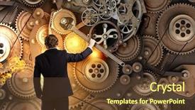  Presentation with mechanism - Colorful PPT theme enhanced with young businessman fixing gears mechanism backdrop and a  colored foreground