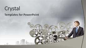  Presentation with mechanism - Cool new slides with young businessman fixing gears mechanism backdrop and a  colored foreground