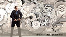  Presentation with mechanism - Cool new PPT theme with young businessman fixing gears mechanism backdrop and a  colored foreground