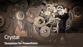  Presentation with mechanism - Slide set featuring young businessman fixing gears mechanism background and a  colored foreground