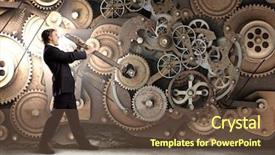  Presentation with mechanism - Colorful presentation enhanced with young businessman fixing gears mechanism backdrop and a  colored foreground