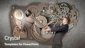  Presentation with mechanical gear mechanism team work - Colorful slides enhanced with young businessman fixing gears mechanism backdrop and a  colored foreground
