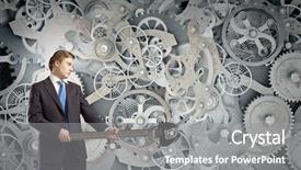  Presentation with mechanism - Presentation enhanced with young businessman fixing gears mechanism background and a gray colored foreground