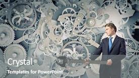  Presentation with mechanic gears - PPT theme featuring young businessman fixing gears mechanism background and a  colored foreground