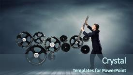 Presentation with mechanical gear mechanism team work - Audience pleasing slide set consisting of young businessman fixing gears mechanism backdrop and a  colored foreground