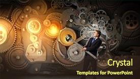  Presentation with mechanic gears - Slides having young businessman fixing gears mechanism background and a  colored foreground