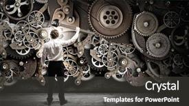  Presentation with mechanic gears - Colorful presentation enhanced with young businessman fixing gears mechanism backdrop and a  colored foreground