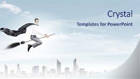  Presentation with flying - Cool new presentation with young businessman flying on broom backdrop and a  colored foreground