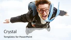  Presentation with parachute - Presentation theme enhanced with young businessman flying with parachute background and a sky blue colored foreground