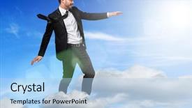  Presentation with sky blue and golden yellow - Audience pleasing slide deck consisting of young-businessman-flying backdrop and a  colored foreground