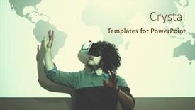  Presentation with experience - Beautiful PPT layouts featuring young businessman getting experience using vr-headset glasses of virtual reality at late night startup office building backdrop and a cream colored foreground