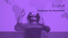  Presentation with duo - Slide deck with young businessman getting experience using vr-headset glasses of virtual reality at late night startup office building duo tone background and a light blue colored foreground