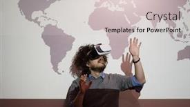  Presentation with experience - Presentation theme featuring young businessman getting experience using vr-headset glasses of virtual reality at late night startup office building background and a lemonade colored foreground