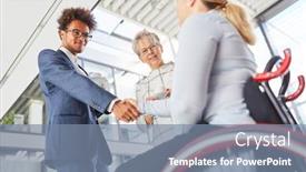  Presentation with wheelchair - Presentation theme having young-businessman-greets-colleague background and a seafoam green colored foreground