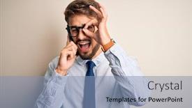  Presentation with fingers - Audience pleasing PPT theme consisting of young-businessman-having-a-conversation backdrop and a light blue colored foreground