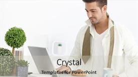  Presentation with mail - PPT layouts featuring young businessman having breakfast checking mail on computer in the morning background and a soft green colored foreground