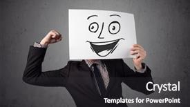 Presentation with cardboard - Beautiful PPT theme featuring young businessman holding a cardboard with a smiley face on it in front of his head backdrop and a dark gray colored foreground