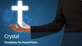  Presentation with glowing cross - Cool new PPT layouts with young businessman holding a glowing cross in his hand backdrop and a ocean colored foreground