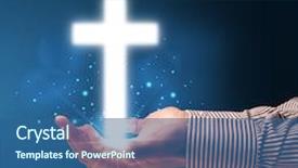  Presentation with glowing cross - Cool new presentation theme with young businessman holding a glowing cross in his hand backdrop and a ocean colored foreground