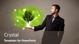  Presentation with tree - Amazing presentation theme having young-businessman-holding-a-glowing backdrop and a gray colored foreground