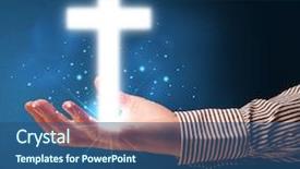  Presentation with glowing cross - Presentation having young businessman holding a glowing cross in his hand background and a ocean colored foreground