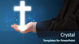  Presentation with glowing cross - Slide set with young businessman holding a glowing cross in his hand background and a ocean colored foreground