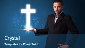  Presentation with glowing cross - Theme consisting of young businessman holding a glowing cross in his hand background and a ocean colored foreground