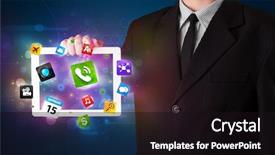  Presentation with tablet - Colorful PPT theme enhanced with young-businessman-holding-a-tablet backdrop and a wine colored foreground