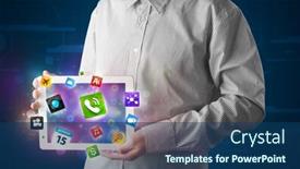  Presentation with tablet - Slide deck featuring young-businessman-holding-a-tablet background and a ocean colored foreground