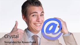  Presentation with email - Audience pleasing slide deck consisting of optimistic young businessman holding an email symbol backdrop and a coral colored foreground